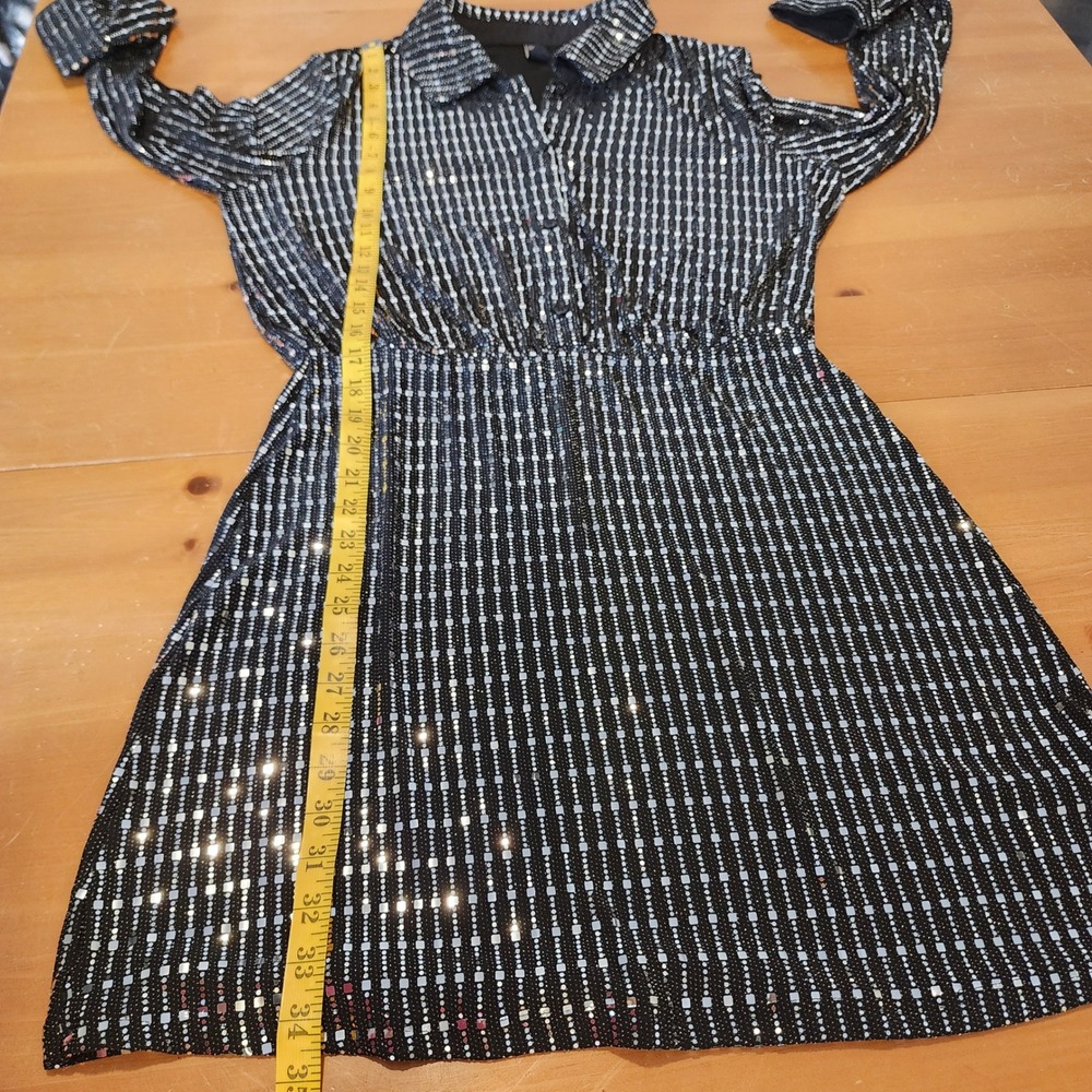 Cider Silver Sequin Metallic Button Up Long Sleeve Mini Dress Black Large - Picture 9 of 12